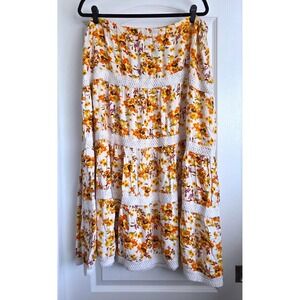 VTG‎ Magic Floral Tiered Maxi Skirt Orange Yellow Boho Crochet Lace Trim Sz 1X